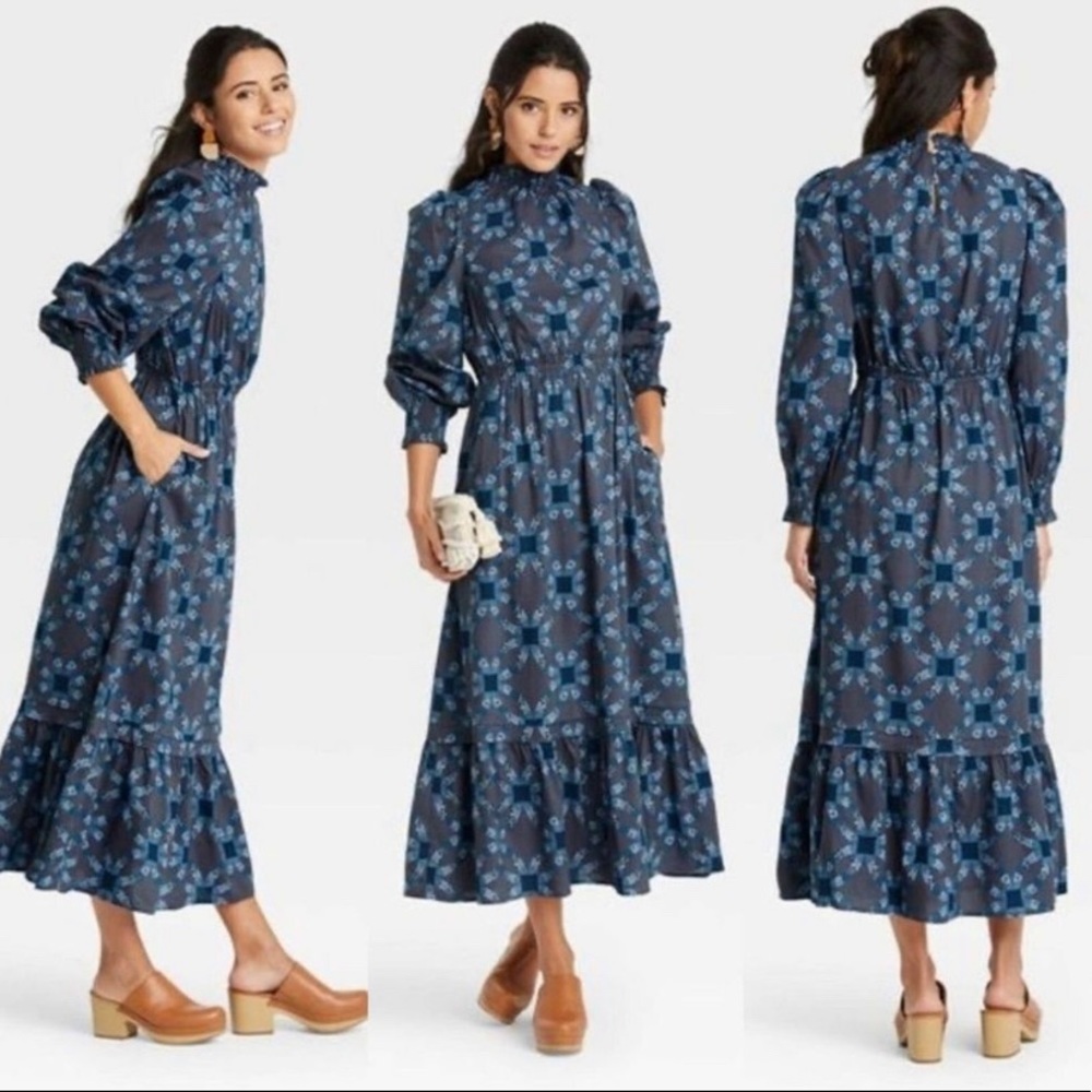 Universal Threads Balloon Long Sleeve High Neck Maxi Floral Blue Dress Sz XL